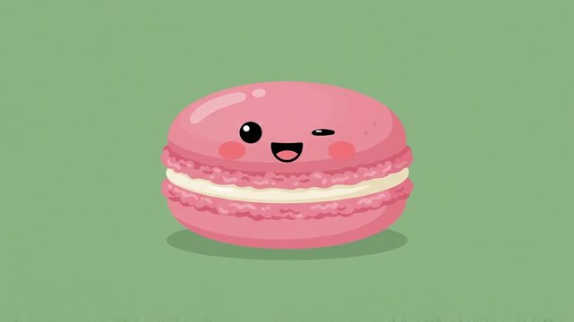 Cute anthropomorphic pink macaron dessert character with a winking face and a sweet smile on a green background