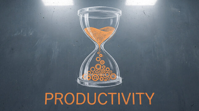Productivity concept with hourglass and gears drawn on chalkboard showing time and mechanical efficiency