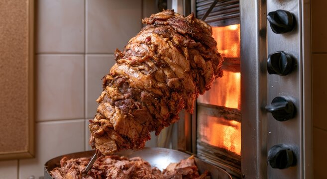 Large, rotating spit of seasoned meat cooking over glowing embers