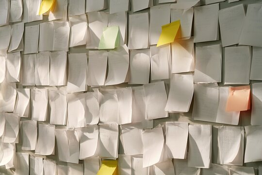 Wall covered in crumpled white papers and a few colored notes