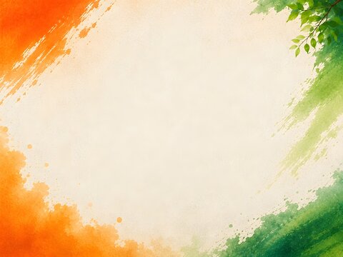 Indian Flag Color Watercolor Background with Green Leaves and Orange Splash