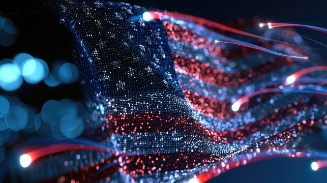 Abstract, glowing particulate flag with flowing red and blue lights