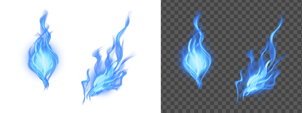 シュッと灯った青い炎と横に靡く青い炎。火の玉。背景透過PNG。