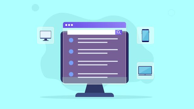 Flat vector animated desktop monitor displaying a device management dashboard with desktop, tablet, smartphone, and workflow interface. Ideal for business, productivity, and technology motion graphics