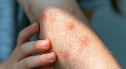 Fototapeta premium Close-up of dry, irritated skin on an arm with red, raised bumps, possibly a rash