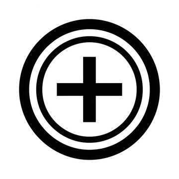 Minimalist black plus sign icon inside double circles, medical cross symbol on white background, geometric add button for interface design