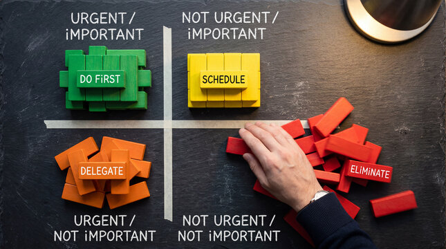 Eisenhower matrix time management concept with colored wooden blocks and hand arranging tasks on dark surface