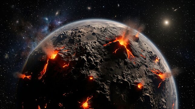 Volcanic molten lava planet erupting in dark deep space with erupting, astronomy