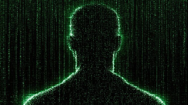 Human silhouette formed from cascading green digital code against a dark background