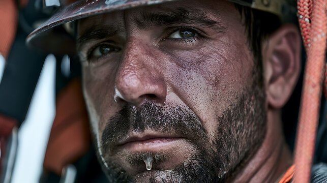 Prompt: A raw, vertical-feeling portrait captured horizontally. An electrician leaning against safety harness equipment, sweat dripping from his chin, face flushed from heat and physical strain. 