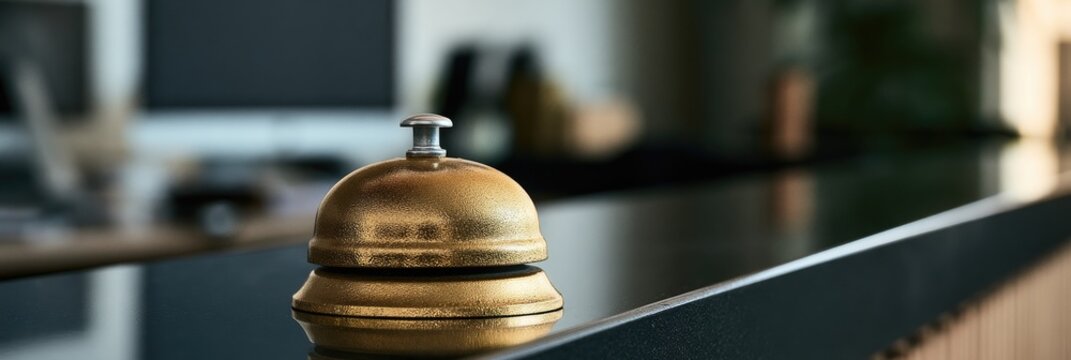 Golden bell sits on a polished counter, beckoning service
