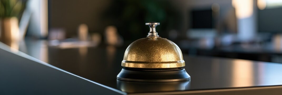 Brass reception desk bell, a classic symbol of service, gleams