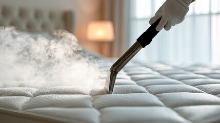 Naklejka premium Hand in glove steaming a quilted mattress, sanitizing steam rising