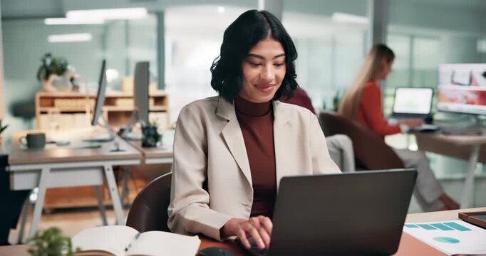 Happy, businesswoman and typing in office with laptop, finance stats or graphs for accounting report. Coworking, person and accountant in firm with computer, charts and smile for financial analysis.