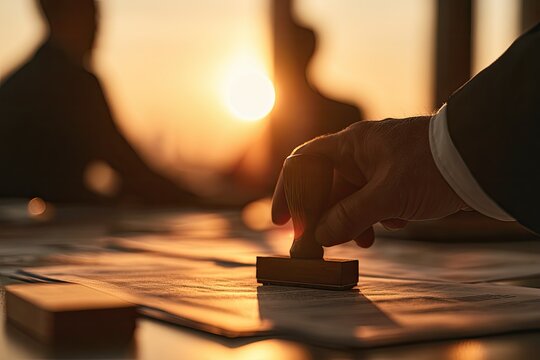 Hand stamping document during golden hour sunset, business meeting