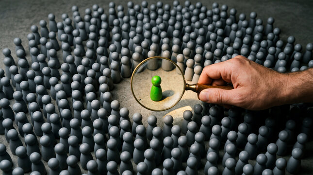 Hand holding magnifying glass highlighting green pawn among gray pawns concept for uniqueness and selection