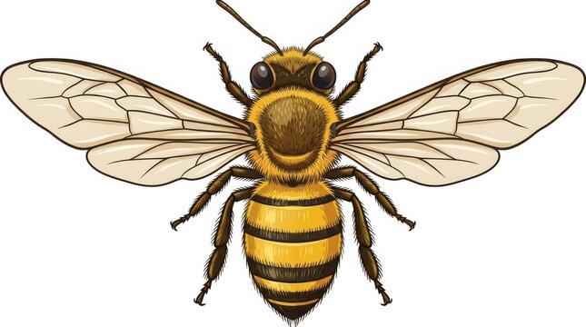 Detailed illustration of a honey bee with yellow and black stripes