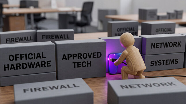 Network security concept with wooden figure plugging device into approved tech surrounded by firewall blocks in office