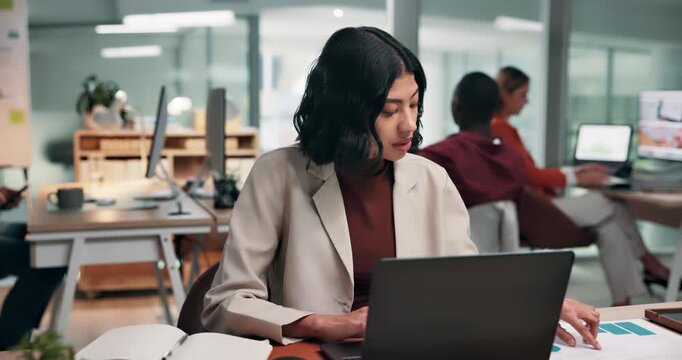 Business, woman and typing in office with laptop, data collection or analysis of financial statement. Coworking, person and analyst in workplace with computer, graphs and record finance stats online.