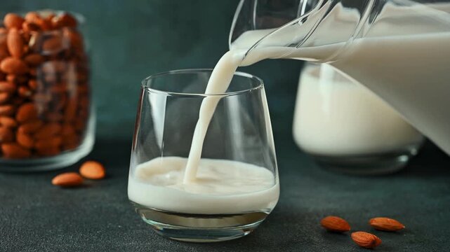 Fresh almond milk pouring into glass, organic nut milk beverage in slow motion, healthy plant-based dairy alternative on dark rustic background