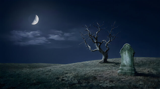 Halloween spooky graveyard scene with tombstone, dead tree, and crescent moon. Nighttime horror background with eerie clouds, misty atmosphere, and ominous blue shadows. Gothic concept for scary
