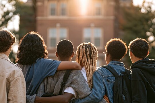 Diverse group of young people with arms around each other, looking at a building