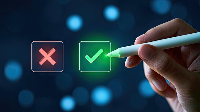 Hand selects glowing green checkmark over red 'X' in digital interface