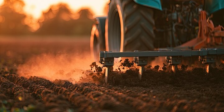 Tractor plowing a field at sunset, kicking up dirt (1)