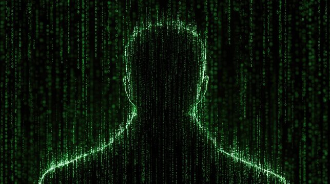 Silhouette of a person formed by falling green digital code