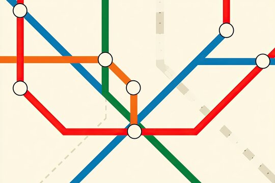 Abstract subway map with intersecting lines of red, blue, orange, and green