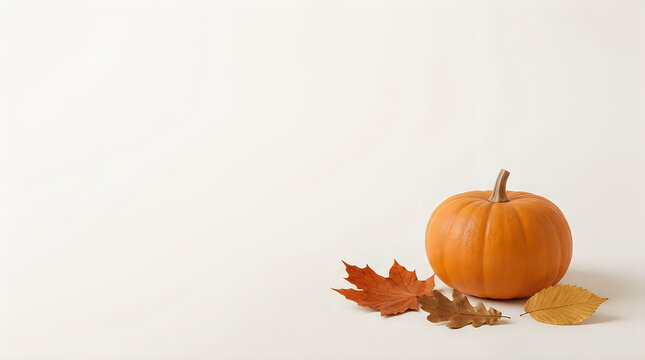 Minimalist Orange Pumpkin and Maple Leaves on White Background Halloween