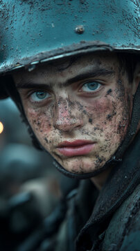 Close-up portrait of a young Caucasian man soldier with mud on his face wearing a military helmet in a combat setting