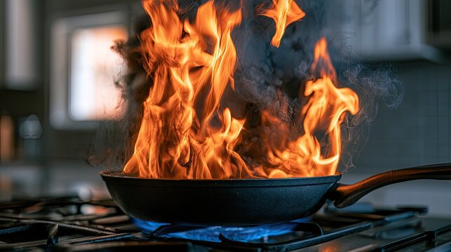 Intense flames erupt from a cooking pan on a gas stove