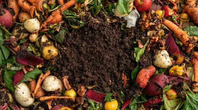 A vibrant compost pile with root vegetables, greens, and soil at its center