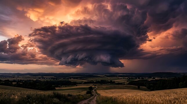 Dramatic supercell storm cloud over rural landscape at sunset