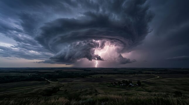 Dramatic supercell storm with lightning bolt over rural plains