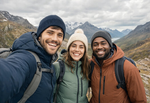 Three smiling friends pose for a selfie on a mountain trail