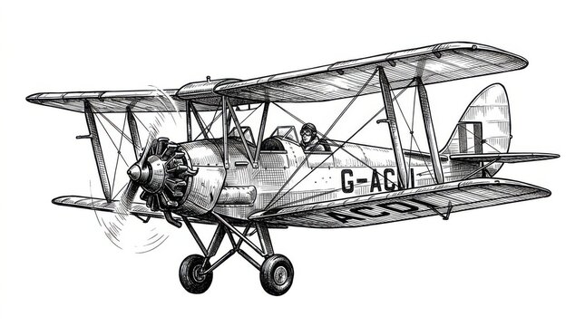 Vintage biplane aircraft illustration in classic black and white ink sketch style