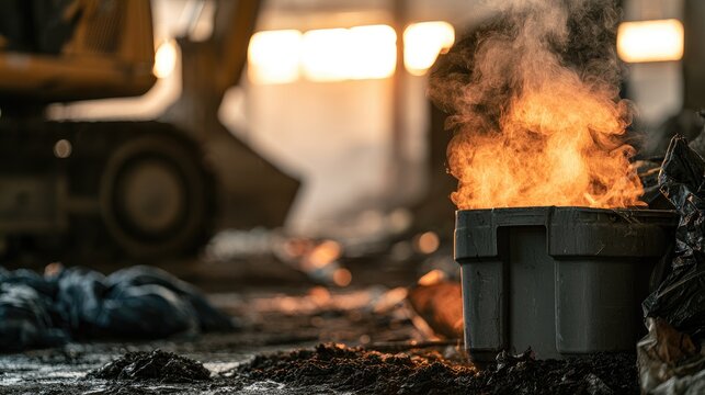 Molten metal glows in industrial setting, steam rising, machinery in background