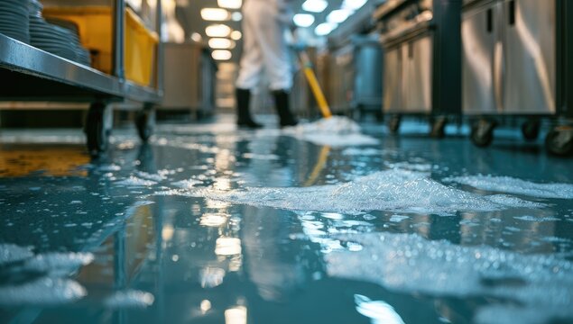 Person in protective gear mops a soapy, wet commercial kitchen floor
