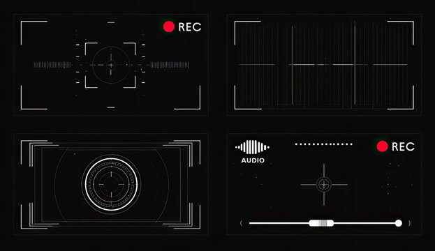 Four distinct digital camera viewfinders with recording indicators and targeting elements