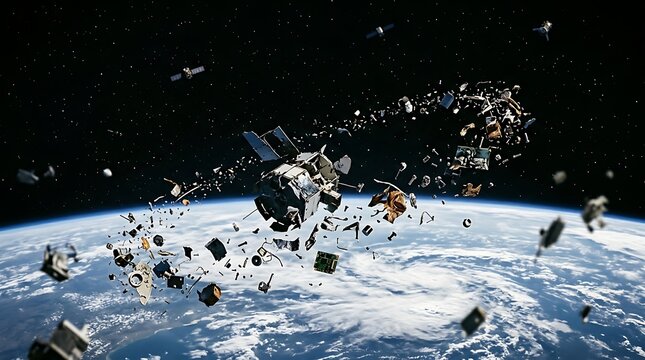 Broken satellite and mechanical junk orbiting planet earth