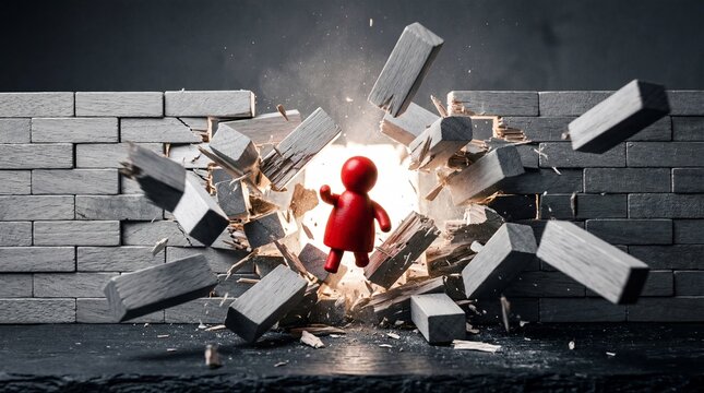 Red figurine breaking through gray brick wall symbolizing breakthrough achievement and overcoming obstacles in a dramatic explosion