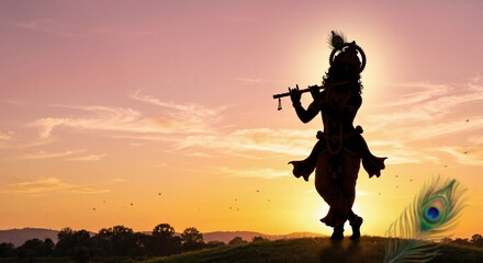 Fototapeta premium Happy Krishna Janmashtami Greeting Card, Lord Krishna Playing Flute Silhouette Sunset Illustration