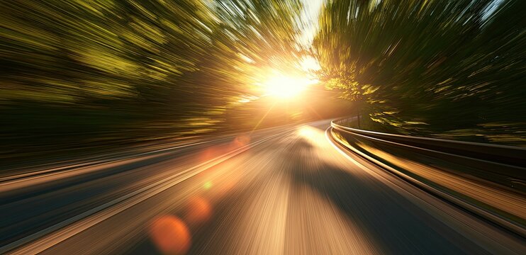 Speeding down a sun-drenched road through a leafy forest tunnel