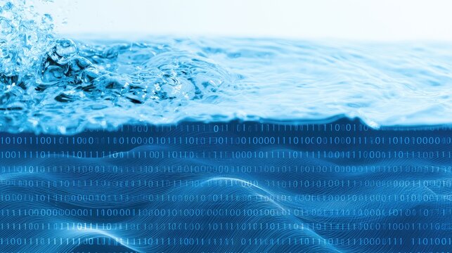Aqua-digital wave with flowing water and binary code
