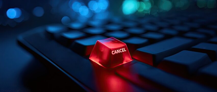 Illuminated red cancel key on a keyboard with bokeh lights