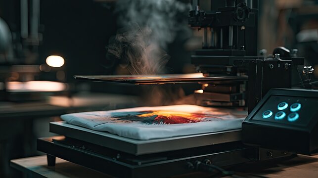 Machine applying heat to colorful design on fabric, steam rising