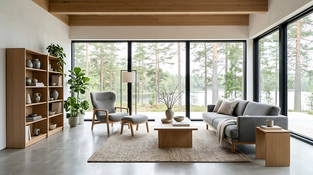 A modern, minimalist living room with large windows overlooking a serene forest and lake, featuring Scandinavian-style wooden furniture and natural light.