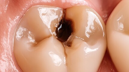 Fototapeta premium Macro view of a decayed tooth with a deep cavity and dark enamel